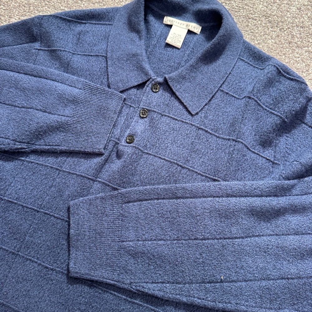 Geoffrey Beene Sweater Polo Mens XL Blue Acrylic Vintage Rugby Knit Textured